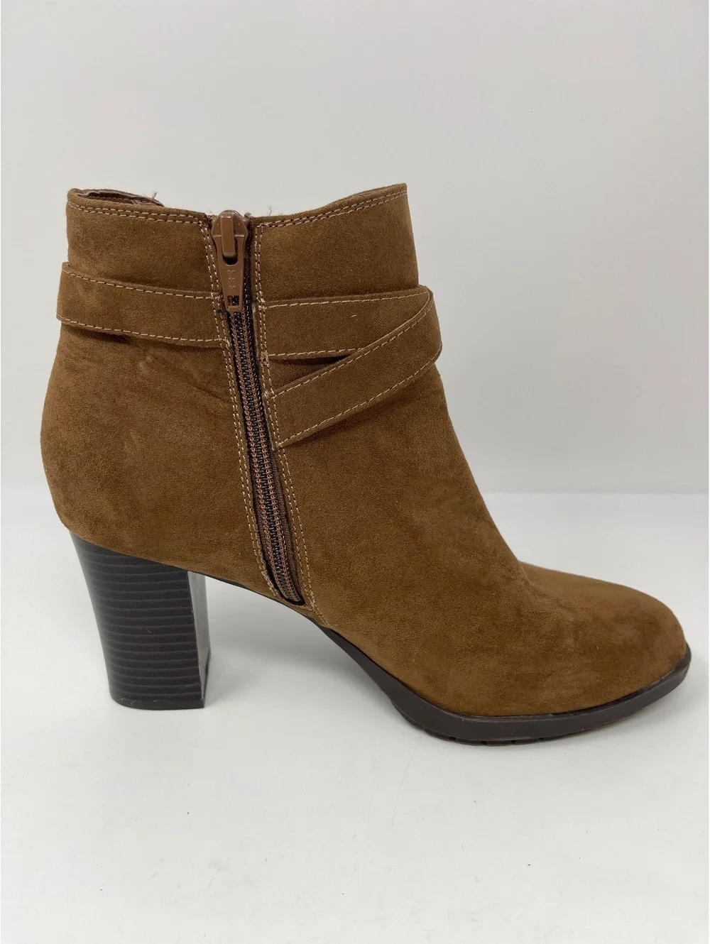 Style & Co Brown Faux Suede Ankle Boots Women's Size 8M Heel Buckle Zip Booties
